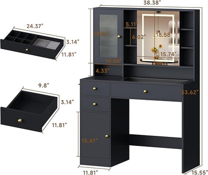 Vanity Desk with Mirror and Lights, Black Vanity with Lighted Mirror and RGB Cabinet & Jewelry Organizers, Makeup Vanity Desk with Lights, Glass Top Dressing Table for Girls Bedroom