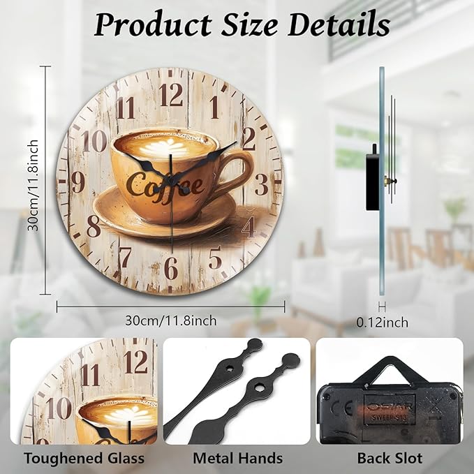 peacoblue Wall Clocks Battery Operated 12 Inch Coffee Glass Round Wall Clock Non Ticking for Kitchen Living Room Dining Room Bedroom and Bathroom Decor Accessories (Battery not Included)