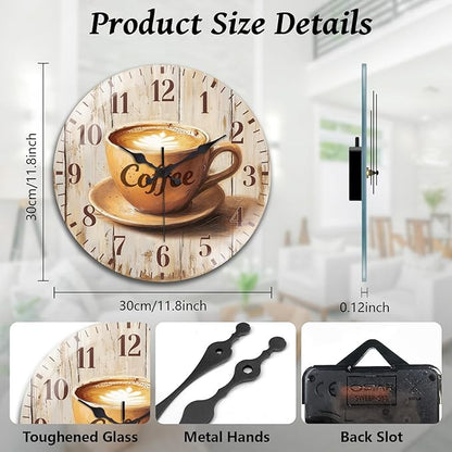 peacoblue Wall Clocks Battery Operated 12 Inch Coffee Glass Round Wall Clock Non Ticking for Kitchen Living Room Dining Room Bedroom and Bathroom Decor Accessories (Battery not Included)