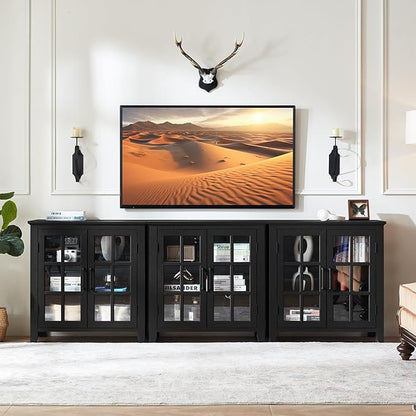 Large Sideboard Buffet Cabinet with Storage, 32" Farmhouse Kitchen Coffee Wine Bar Cabinet with 2 Glass Doors, Wood Mid Century Modern Side Board Table for Dining Room, Living Room, Black