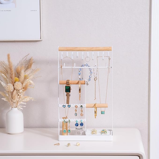 ProCase Jewelry Organizer Jewelry Stand Jewelry Holder Organizer, 4-Tier Necklace Organizer with Ring Tray, Large Aesthetic Jewelry Tower Storage Rack Tree for Bracelets Earrings Rings -Large, White