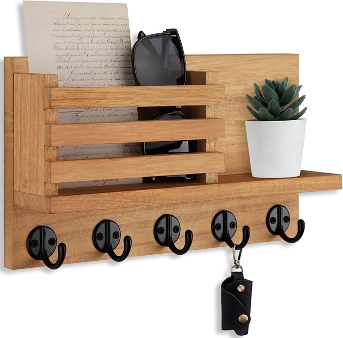 Lwenki Key Holder for Wall – Decorative Wooden Mail Holder and Key Shelf with Mounting Hardware, Installation Guide – Paulownia Wood with Metal Key Hooks (Light Brown, Large - 11.8inch)