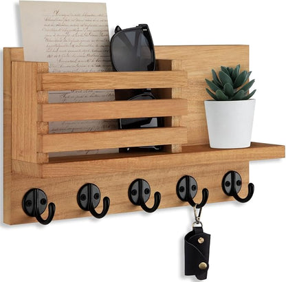 Lwenki Key Holder for Wall – Decorative Wooden Mail Holder and Key Shelf with Mounting Hardware, Installation Guide – Paulownia Wood with Metal Key Hooks (Light Brown, Large - 11.8inch)
