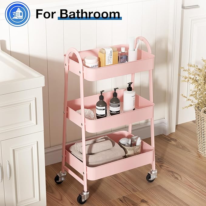 OLIXIS Metal 3 Tiers Utility Rolling Cart, Mobile Storage Shelf with Lockable Caster Wheels, Organization for Livingroom, Bathroom & Narrow Places, Pink