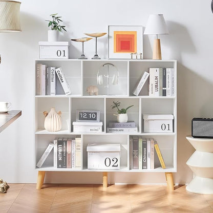 LEYAOYAO 10 Cube Bookshelf,3 Tier Modern Wide Bookcase with Legs,Mid-Century Wood Bookshelves Storage，White Large Book Case,Freestanding Organizer Display Shelf for Bedroom,Living Room,Office