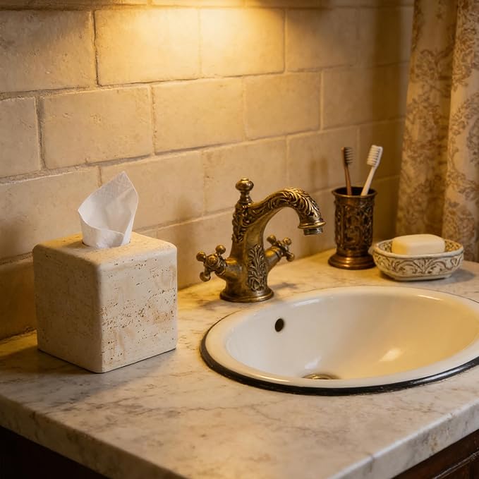 Natural Travertine Tissue Box Cover – Modern Resin Cube Holder for Bathroom, Bedroom, Office – Decorative Square Tissue Box for Countertop, Nightstand, Vanity & Desk – Heavy&Sturdy