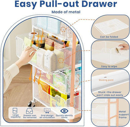 Goovilla Kitchen Cart with Drawers, 4 Tier Metal Rolling Utility Cart Organizer on Lockable Wheels with Wooden Top, White Fruit Vegetable Storage Rack Also for Cans, Snack, Craft, Art, Office, Beauty