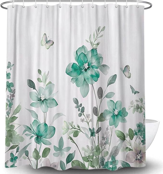Teal Floral Shower Curtain, Teal Lavender Floral Butterfly Boho Shower Curtains for Bathroom, Farmhous Flower Cute Fabric Shower Curtain Set with 12PCS Hooks, 60X70IN