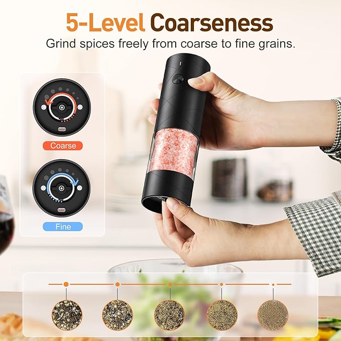 Electric Salt and Pepper Grinder Set, Rechargeable Automatic Pepper Mill Grinder with LED the Gifts for Women, Adjustable Coarseness shakers, One-Hand Operation for Kitchen Appliances Christmas Gifts