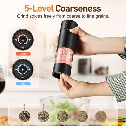 Electric Salt and Pepper Grinder Set, Rechargeable Automatic Pepper Mill Grinder with LED the Gifts for Women, Adjustable Coarseness shakers, One-Hand Operation for Kitchen Appliances Christmas Gifts