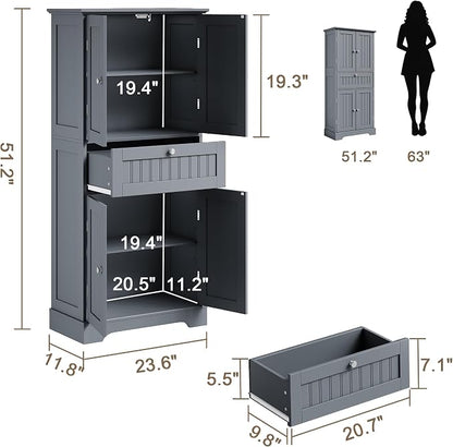 ChooChoo 51" H Tall Bathroom Floor Cabinet, Modern Bathroom Storage Cabinet with Drawer and Adjustable Shelves, Freestanding Kitchen Pantry Cupboard with 4 Doors for Living Room, Grey