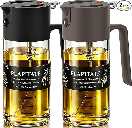 2Pcs 17oz Premium Olive Oil Sprayer for Cooking, 2 in 1 Glass Olive Oil Dispenser Bottle for Kitchen Gadgets, Spray Bottle with Portion Control for Salad, Frying, BBQ (Black & Gray)