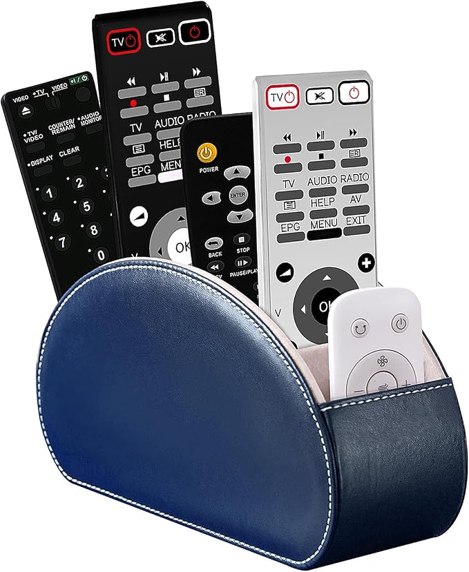 Remote Control Holders Organizer Box with 5 Compartment PU Leather Multi-functional Office Desk Storage Caddy Store Tv Remote for Media Player,Brush,Pencil,Glassees&Office Supplies (Dark Blue)