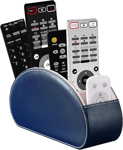 Remote Control Holders Organizer Box with 5 Compartment PU Leather Multi-functional Office Desk Storage Caddy Store Tv Remote for Media Player,Brush,Pencil,Glassees&Office Supplies (Dark Blue)