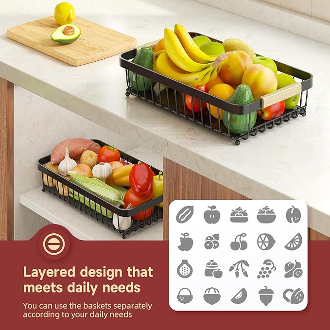 Sevenblue 2 Tier Large Fruit Basket for Kitchen Counter with 2 Mobile Banana Hangers, 2026 Pro Detachable Metal Fruit Bowl with Wooden Handle (Silver, 3 Tier)