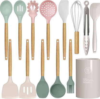 oannao Silicone Cooking Utensils Set - 446°F Heat Resistant Silicone Kitchen Utensils for Cooking,Kitchen Utensil Spatula Set w Wooden Handles, BPA FREE Gadgets for Non-Stick Cookware (Colorful)