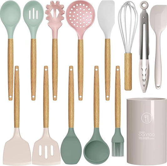 oannao Silicone Cooking Utensils Set - 446°F Heat Resistant Silicone Kitchen Utensils for Cooking,Kitchen Utensil Spatula Set w Wooden Handles, BPA FREE Gadgets for Non-Stick Cookware (Colorful)