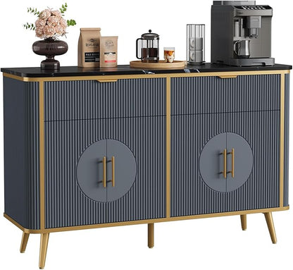 47.2" Buffet Storage Cabinet, Modern Fluted Coffee Bar Station with 2 Drawers & Adjustable Shelves, Kitchen Sideboard Buffet for Dining Room, Living Room, Hallway, Navy Blue