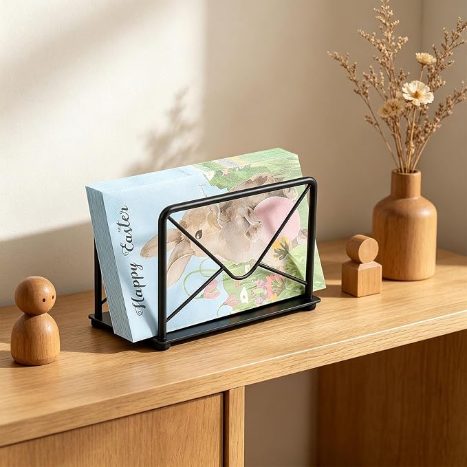 Modern Mail Holder for Home Office, Metal Letter Organizer Sorter for Desk, Cutout Mail Envelope Design, Bill Filling Paper Document Rack, Envelope Storage Rack with Metal Base