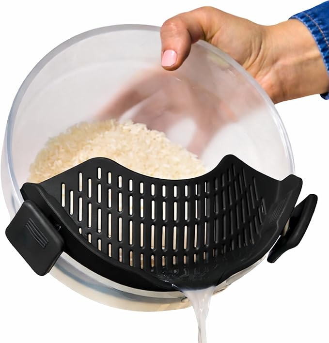 Anyday Silicone Clip On Strainer for Pots and Pans & Glass Dishes | Pot Strainer Silicone, Universal Clip On Pasta Strainer for Meat, Rice, & Vegetables (Black Sesame)