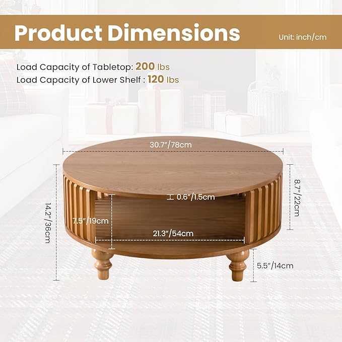 2-Tier Round Coffee Table 30.7" Round Coffee Table with Storage Mid-Century Modern Circle Accent Center Table Farmhouse Low Cocktail Tea Furniture for Living Room Small Spaces (30.7" Round)