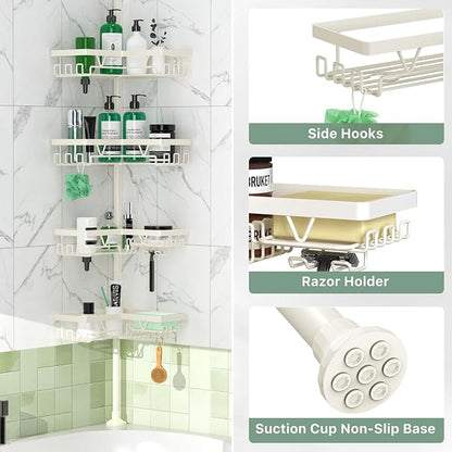DAOYA Corner Shower Caddy Tension Pole, 4-Tier Adjustable Corner Shower Caddy with Soap Dish & Razor Holder, Stainless Steel Tension Pole Shelf Fits Bathtub & Floor 25-114.2 inches(Off-white)