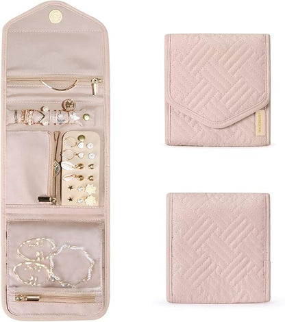 BAGSMART Travel Jewelry Organizer Case Foldable Small Jewelry Roll for Journey Rings, Necklaces, Earrings, Bracelets,Mini,Soft Pink