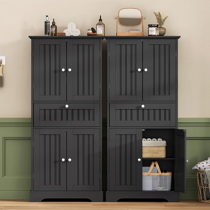 ChooChoo 51" H Tall Bathroom Floor Cabinet, Modern Bathroom Storage Cabinet with Drawer and Adjustable Shelves, Freestanding Kitchen Pantry Cupboard with 4 Doors for Living Room, Black