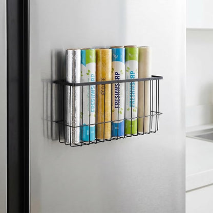 2 Pack Magnetic Aluminum Foil and Plastic Wrap Organizer,Wall Mounted Cabinet Door Organizer,Kitchen Pantry Organizers and Storage,Wrapping Paper Shelf for Sandwich, Freezer, Ziplock Bag, Black