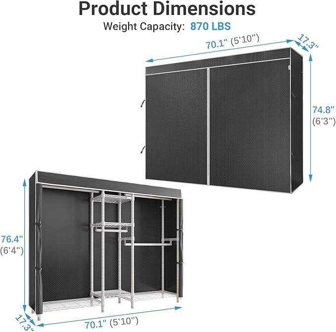 VIPEK Classic V6C Heavy Duty Covered Clothes Rack 5 Tiers Wire Garment Rack Large Size Wardrobe Closet White Metal Clothing Rack with Black Oxford Cover, 70.1" L x 17.3" W x 76.4" H, Max Load 870 LBS