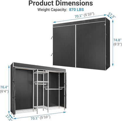 VIPEK Classic V6C Heavy Duty Covered Clothes Rack 5 Tiers Wire Garment Rack Large Size Wardrobe Closet White Metal Clothing Rack with Black Oxford Cover, 70.1" L x 17.3" W x 76.4" H, Max Load 870 LBS