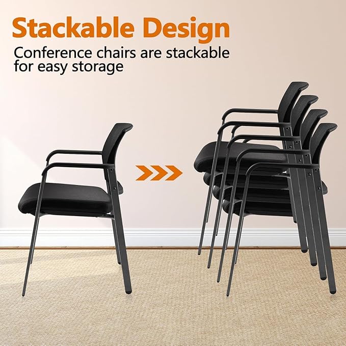 CLATINA Mesh Back Stacking Arm Chairs with Upholstered Fabric Seat and Ergonomic Lumbar Support for Office School Church Guest Reception Black 8 Pack Set New Version