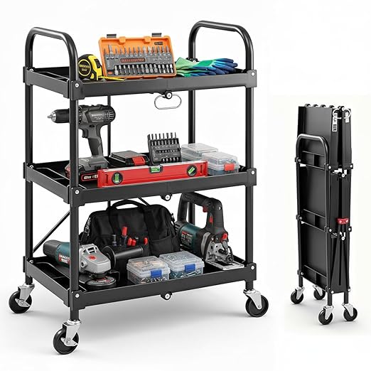 DUMOS 3-Tier Folding Utility Cart, Collapsible Service Cart with 4 Swivel Wheels and Brakes, 120LBS Capacity & Collapsible Storage Rolling Cart for Kitchen, Office, Garden, Garage, Pure Black