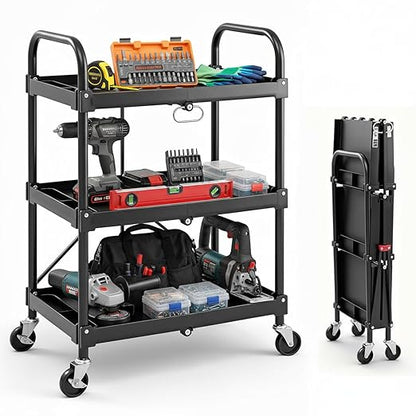 DUMOS 3-Tier Folding Utility Cart, Collapsible Service Cart with 4 Swivel Wheels and Brakes, 120LBS Capacity & Collapsible Storage Rolling Cart for Kitchen, Office, Garden, Garage, Pure Black