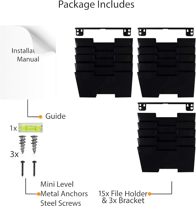 Wallniture Lisbon 15-Tier Wall Mounted File Holder and Desk Organizer, Metal Black Office Organization and Storage Rack