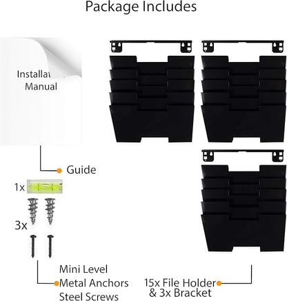 Wallniture Lisbon 15-Tier Wall Mounted File Holder and Desk Organizer, Metal Black Office Organization and Storage Rack