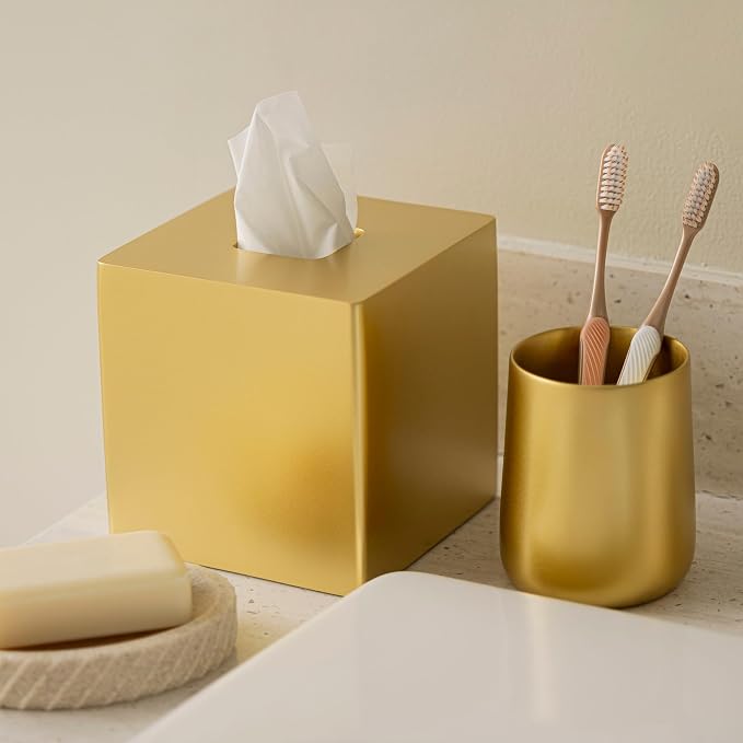 Yew Design Gold Square Tissue Box Cover, Decorative Tissue Box Dispenser for Bathroom, Parlors, Office, Bedroom Dresser, Vanity Countertop, Nightstand, Car, and Desk