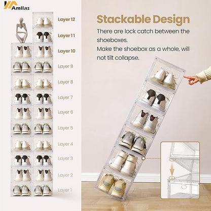 12 Pack Clear Shoe Storage, Stackable Shoe Organizer, Shoe Boxes for Closet | Plastic Shoe Containers with Magnetic Door, Sturdy Sneaker Storage Organizer, Shoe Cabinet Fit up to US Size 12