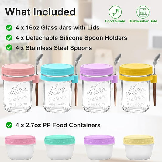 4-Pack Overnight Oats Containers with Lids and Spoons, 16 oz Glass Mason Jars with Airtight Lids and 2.7 oz Condiment Containers for Overnight Oats, Chia Seed Pudding, Yogurt, Snacks, Cereal, Fruit