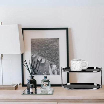 2 Tier Metal Frame Perfume Organizer in black - morden, stylish, minimalist tiered tray for Watch, Jewelry, Brooch Skincare, - Elegant Countertop Display Shelf for Dresser, Vanity, Bathroom