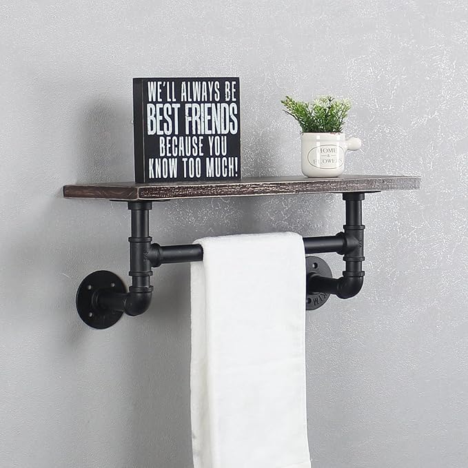 Industrial Pipe Shelf Bathroom Shelves Wall Mounted,19.6in Rustic Wood Shelf with Towel Bar,1 Tier Farmhouse Towel Rack Over Toilet,Pipe Shelving Floating Shelves Towel Holder,Retro Black