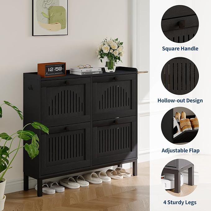 Garvee 4 Flip Drawer Shoe Cabinet with Adjustable Shelves, Hidden Shoe Organizer with Large Capacity, Freestanding Wooden Shoe Rack for Entryway, Hallway, Living Room, Black