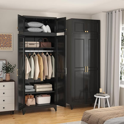 SteeLoong 86" Metal Armoire Wardrobe Closet with Doors,BlackTall Clothing Storage Cabinet with Adjustable Shelves and Hanging Rod,Wardrobe Closet for Bedroom,Home,Office,Gym