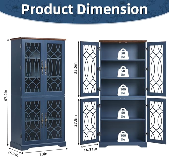 67" Tall Pantry Cabinet, Vintage Kitchen Pantries Cabinets with Glass Doors & Adjustable Shelves, Freestanding Wood Cupboard with Large Storage for Dingning Room, Bathroom, Navy Blue