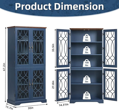 67" Tall Pantry Cabinet, Vintage Kitchen Pantries Cabinets with Glass Doors & Adjustable Shelves, Freestanding Wood Cupboard with Large Storage for Dingning Room, Bathroom, Navy Blue