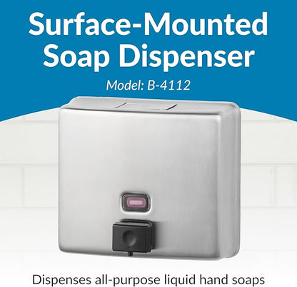 Bobrick Wall-Mounted Liquid Soap Dispenser, Satin-Finish Stainless Steel, 40 fl-oz Capacity, Vandal-Resistant Design with Refill Indicator Window, Top Fill Commercial Bathroom Accessory (Model B-4112)