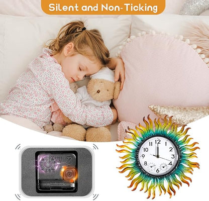 13'' Sun Outdoor Clock, Wall Clock with Thermometer & Humidity Silent No-Ticking Waterproof for Patio, Living Room, Kitchen