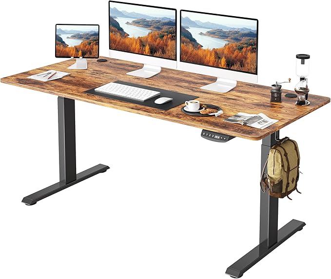 FEZIBO One-Piece Standing Desk Adjustable Height Stand up Home Office Desk, 55x24 Inch Electric Standing Computer Desk, with 4 Memory Presets, Headphone Hook, Rustic Brown
