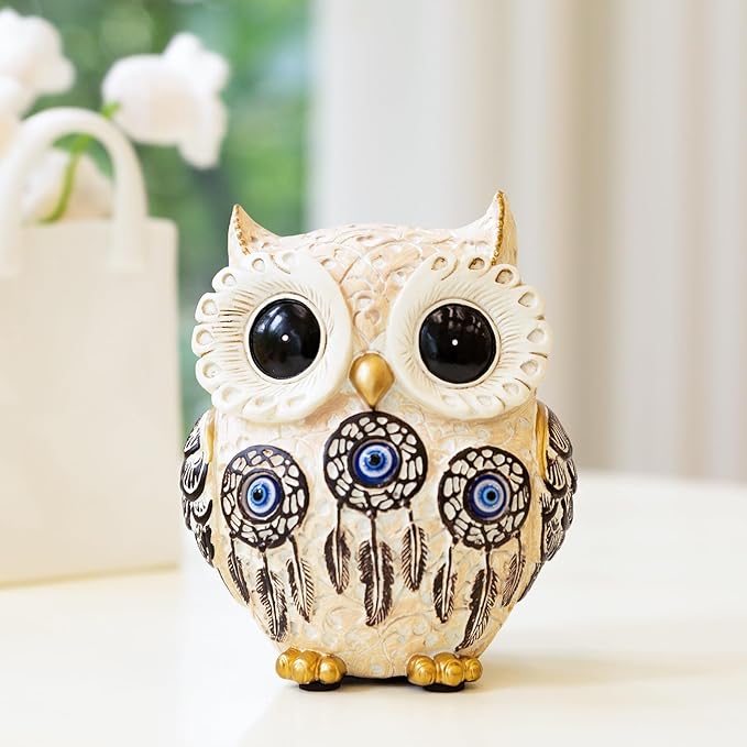 TOHLUCS Owl Statue Home Decor Accents with Evil Eye.White Decor for Bookshelf, Bedroom, Living Room, Office, Table and Shelf. Vintage Owl Figurines Gifts for Birds Lover.Cute Small Animal Sculptures.