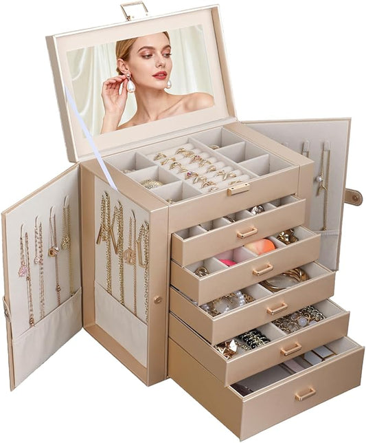BOOVO Jewelry Box For women, 6 Layer Large Jewelry Organizer With Mirror, Multi-Function Storage Box With Lock, Necklace Holder With 5 Drawers, For Earrings Necklace Bracelet (Champagne Gold)